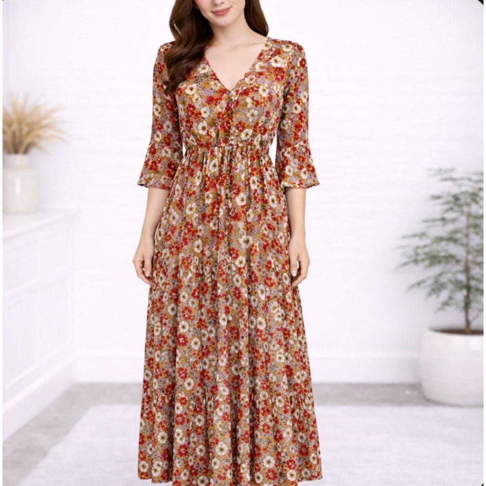 Jaase Maxi Dress XS Tan Red Floral‎ Print Button Front Tiered Boho Rayon Peasant